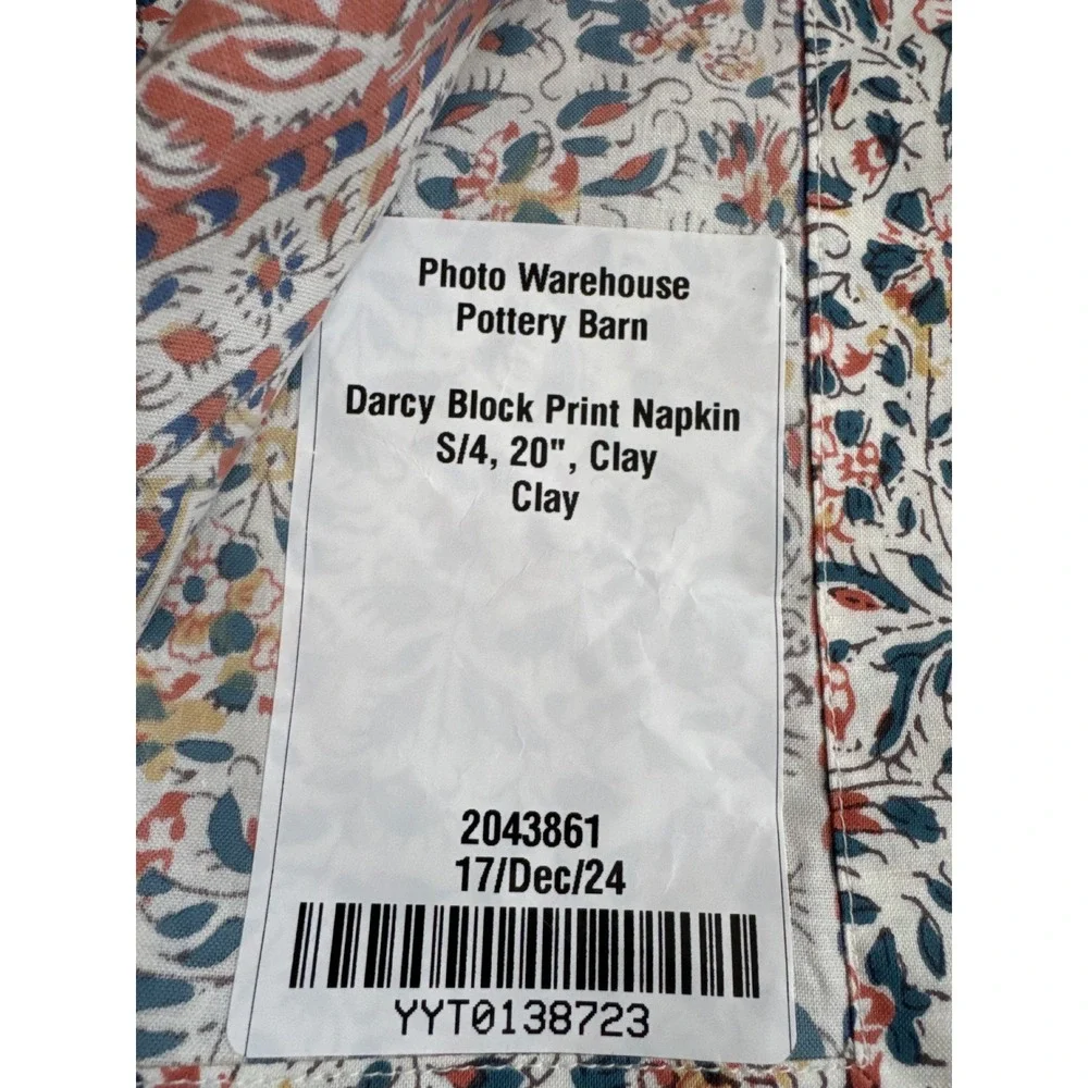 Pottery Barn Darcy Block Print Napkins Set of 4 Clay Floral 20